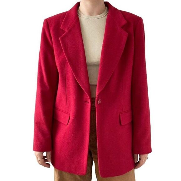 Vintage 90s Womens Cherry Red Wool Cashmere Single Breasted Oversized Blazer - Picture 9 of 11